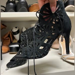 Joie Leather & Suede Sandal Black Ankle Tie Up Heels - Laser Cut Out